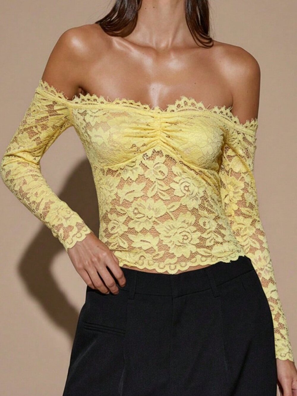 Yellow Elegant Women's Lace Off-Shoulder Long Sleeve Top
